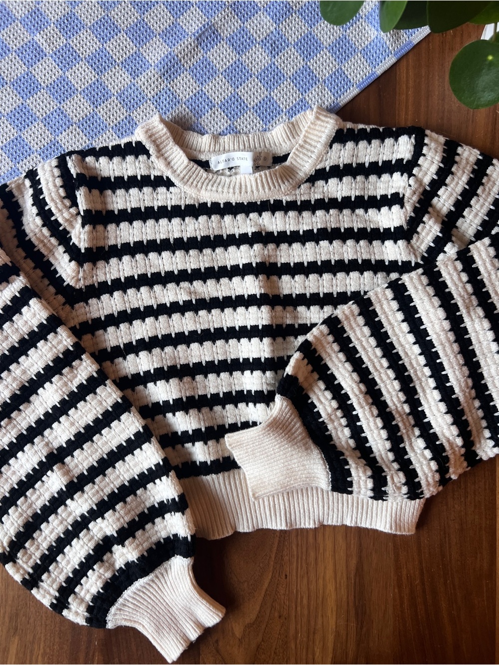Altar'd State Cream and Black Cropped Knit Sweater